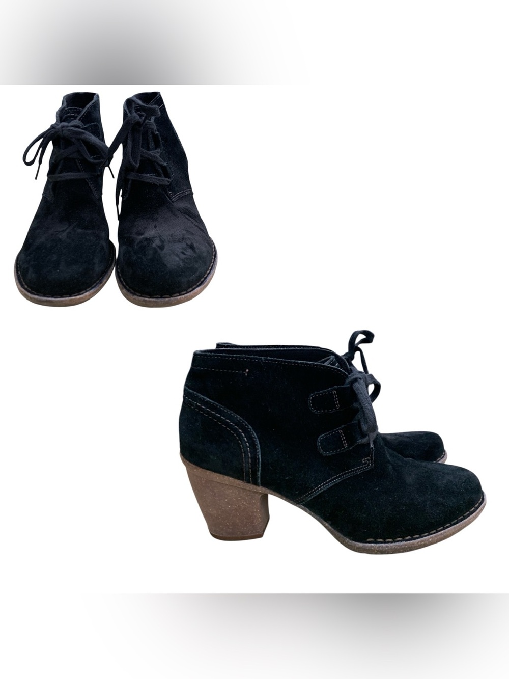 Clarks Black Suede Lace-Up Ankle Booties with Stacked Heel S10
